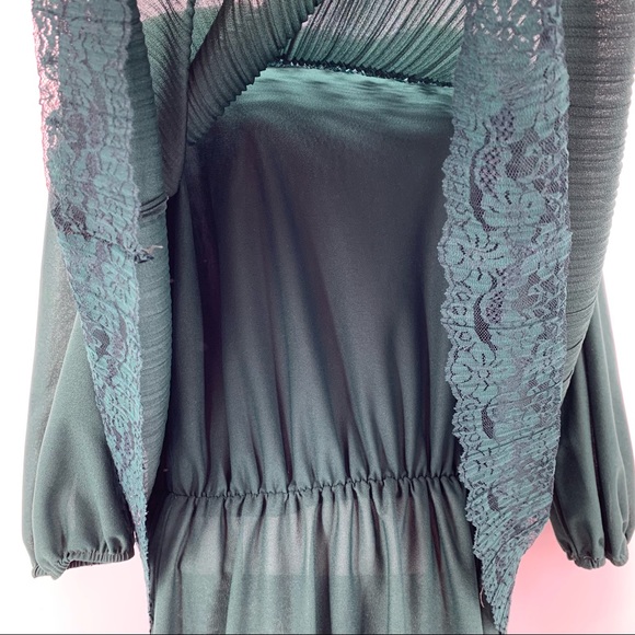 VINTAGE 80s Green Lace Pleated Party Dress Sz L - Picture 4 of 7